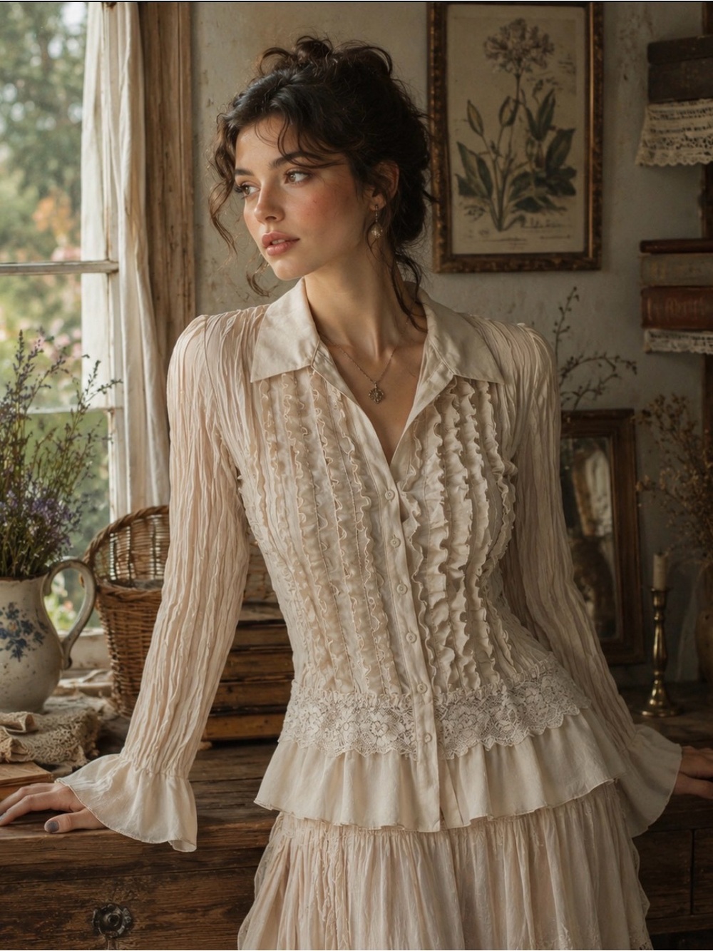 Vtg Top Women S Ruffle Lace Sheer Crinkle Romantic Whimsigoth Victorian REN Fest